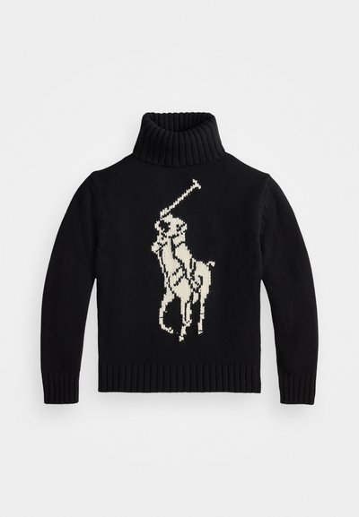 Black turtleneck sweater made of knit fabric, featuring a cream-colored horse and rider design on the front. Ribbed cuffs and hem.