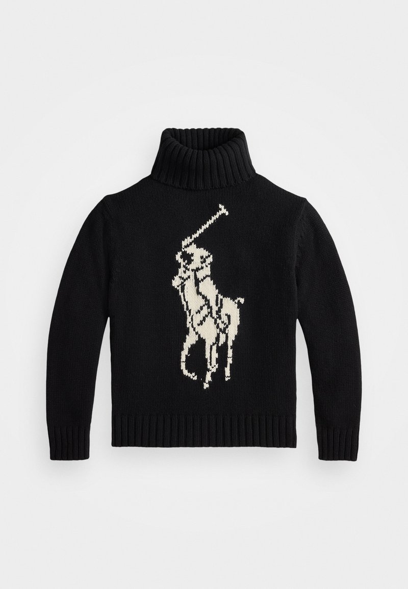 Schwarzer Rollkragenpullover aus Strickstoff, mit einem cremefarbenen Design eines Pferdes und Reiters auf der Vorderseite. Gerippte Bündchen und Saum.