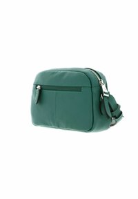 Sac bandoulière en cuir teal avec une surface texturée, fermeture éclair et sangle réglable. Comprend une poche arrière avec un détail zippé.