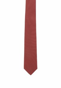 Red tie with a textured, ribbed pattern, featuring a pointed tip and a narrow width, made from a smooth fabric.