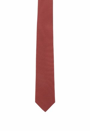 Rectangular tie in a muted burgundy color with a subtle ribbed texture, tapering to a pointed end. No visible patterns or accents.