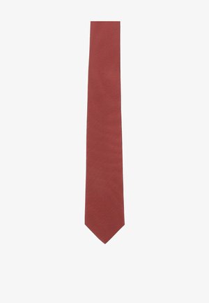 Rectangular tie in a muted burgundy color with a subtle ribbed texture, tapering to a pointed end. No visible patterns or accents.