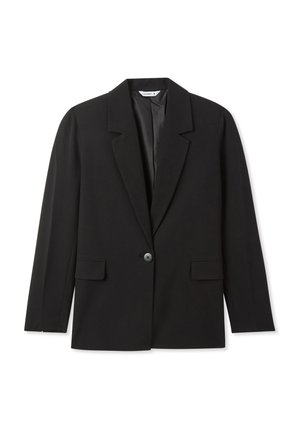 Blazer nero con un design strutturato, chiusura con un solo bottone, revers a lancia e due tasche frontali, realizzato in un tessuto morbido.
