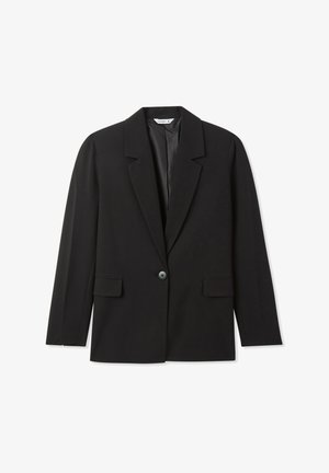 Blazer nero con un design strutturato, chiusura con un solo bottone, revers a lancia e due tasche frontali, realizzato in un tessuto morbido.