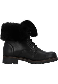 Svart läder ankle boot med fuskpäls ovan, snörning fram, metallöglor och slitstark sula. Har en slät yta och hållbar sömnad.