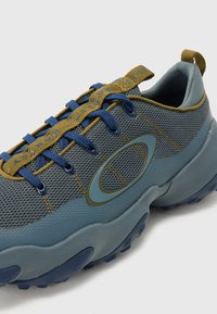 Siatkowe i syntetyczne buty sportowe w zielonych i niebieskich odcieniach, z niebieskimi sznurówkami, teksturowaną podeszwą oraz owalnym akcentem logo.