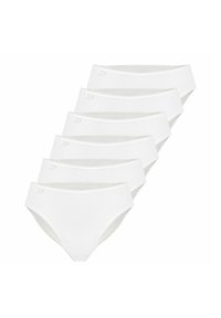 White cotton briefs with a smooth texture, featuring a high-cut leg and elastic waistband. Pack of six with minimal branding on the side.
