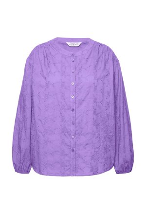 Paarse lange mouwen button-up shirt met textuur bloemenbroderie, ronde halslijn en gathered mouwen voor een relaxte pasvorm.