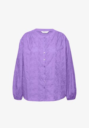 Paarse lange mouwen button-up shirt met textuur bloemenbroderie, ronde halslijn en gathered mouwen voor een relaxte pasvorm.