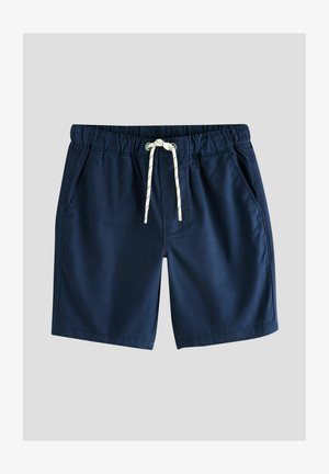 Tamnoplave šortse s elastičnim pojasom, zatvaranjem na vezicu, dva bočna džepa i glatkom teksturom tkanine. Ravni kroj.