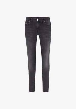 Jean skinny noir en denim, doté de cinq poches, d'une fermeture avant à boutons et d'une finition délavée pour une texture variée.