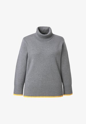Maglione grigio a collo alto con texture a coste, con accenti gialli sull'orlo. Maniche lunghe con vestibilità rilassata. Materiale morbido in misto lana.