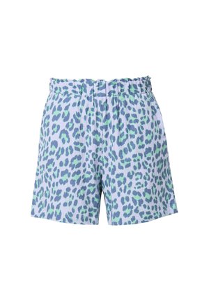 Shorts i leopardmønster med en lys lilla bund, der har grønne og mørkeblå pletter, elastisk talje og afslappet pasform. I bomuldsstof.