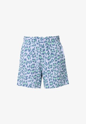 Luipaardprint shorts met een lichtpaarse basis, voorzien van groene en donkertijd blauwe vlekken, elastische tailleband en een relaxte pasvorm. Gemaakt van katoen.