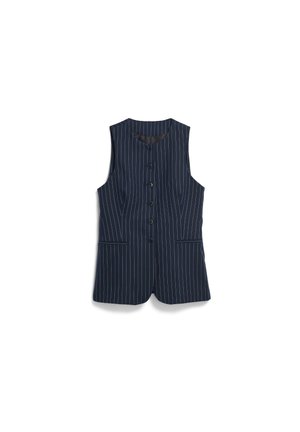 Marineblauw mouwloos vest met verticale witte krijtstrepen, vijf zwarte knopen en twee voorzakken met rand.
