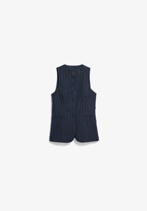 Marineblauw mouwloos vest met verticale witte krijtstrepen, vijf zwarte knopen en twee voorzakken met rand.