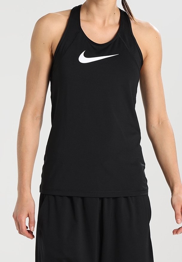 Schwarzes sportliches Tanktop mit Racerback-Design. Verfügt über ein weißes Nike-Logo auf der Brust. Hergestellt aus atmungsaktivem, feuchtigkeitsableitendem Material.