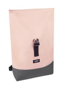 Rózsaszín �és szürke nejlon mosózsák húzózsinórral, téglalap alakú, elülső címkével. Simára csiszolt textúra, matt felülettel.