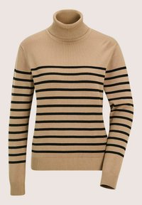 Beige Rollkragenpullover mit langen Ärmeln, der horizontale schwarze Streifen über der Brust, den Ärmeln und der Taille aufweist.