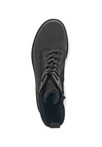 Botín negro hasta el tobillo con un exterior de cuero suave, cordones en la parte frontal, forro interior suave y cuello acolchado para mayor comodidad.