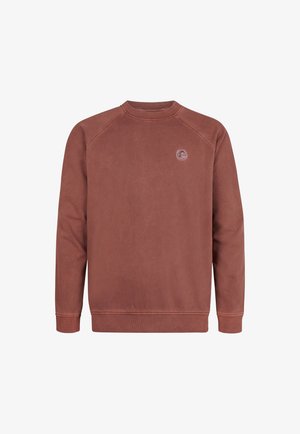 Tumes Punase värvi crewneck särk pehmest puuvilla segust. Omaduseks raglanvarrukad ja väike logopatch rindkere peal. Sile tekstuur, soonikkoes mansetid.