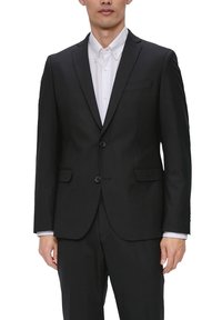 Schwarzer Anzug mit slim fit, einreihigem Design, zwei Knöpfen und Einschlagkragen. Verfügt über eine Brusttasche und Seitentaschen.