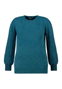 Turquoise fleece trui met een ronde hals, lange mouwen, geribbelde boorden en een zachte textuur. Eenvoudig ontwerp, zonder zichtbare patronen of sieraden.