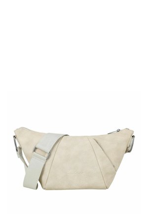Sac bandoulière beige avec une large sangle réglable, une fermeture éclair et un matériau doux au toucher.