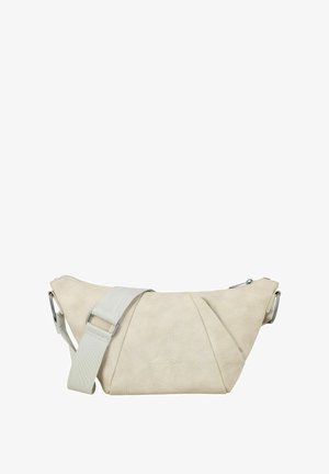 Bolso bandolera beige con una correa ancha ajustable, cierre de cremallera y material suave con textura.