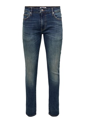 Dunkelblaue Jeans aus Denim mit verwaschenem Finish, ausgestattet mit einem Knopfverschluss, einem Fünf-Taschen-Design und schmal zulaufenden Beinen.