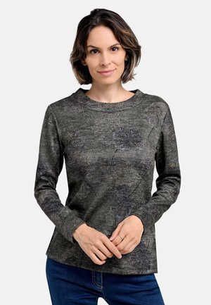 Langärmliges Shirt in Dunkelgrau mit strukturiertem Stoff, Rundhalsausschnitt und dezenten Blumenmustern. Geeignet für Freizeitkleidung.