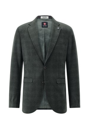 Dunkelgrüner karierten Blazer aus strukturiertem Stoff, mit Reverskragen, Zwei-Knopf-Verschluss und frontalen Taschen. Innenfutter.