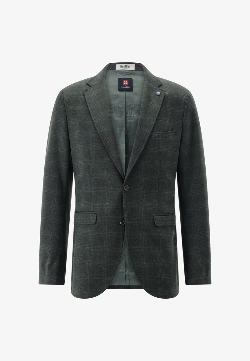 Dunkelgrüner karierten Blazer aus strukturiertem Stoff, mit Reverskragen, Zwei-Knopf-Verschluss und frontalen Taschen. Innenfutter.