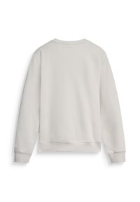 Sudadera gris claro con mangas largas, cuello redondo y puños acanalados. Tejido de algodón suave, con un mínimo de marca en la parte posterior.