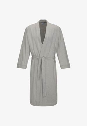 Accappatoio grigio chiaro realizzato in tessuto morbido, con design avvolgente, maniche lunghe, cintura assortita e tasche laterali. Texture liscia.