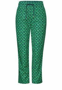 Zelené kalhoty s opakujícím se květinovým vzorem v tmavě zelené barvě, s elastickým pasem a nastavitelnou šňůrkou.
