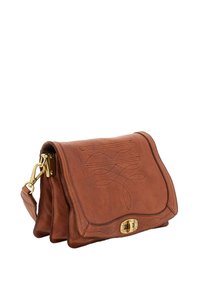 Brown leather satchel bag with a flap, embossed leaf design, gold hardware, and adjustable strap, featuring a clasp closure and stitched accents.
