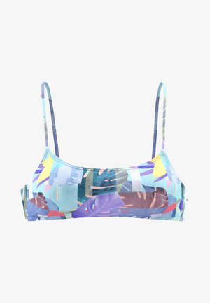 Haut de bikini multicolore présentant un motif de feuilles tropicales, fabriqué en tissu lisse, avec des fines bretelles réglables et une encolure droite.