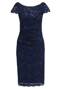 Robe en dentelle bleu marine avec des manches courtes, ornée de sequins formant un motif floral, silhouette ajustée et ourlet festonné.