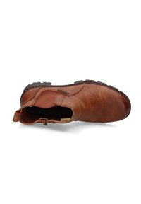 Braune Leder-Ankle-Boots mit elastischen Seiteneinsätzen, robuster Sohle und Zuglasche. Glatte Textur und rundes Zehendesign.