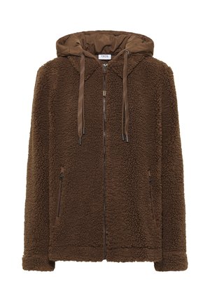 Brun zip-up fleecejacka med texturerad tyg, två fickor med dragkedja och en huva med dragsko.