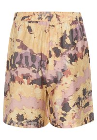Lichte shorts van een textuurstof met een multicolore abstracte print in geel, roze en grijs, voorzien van een elastische tailleband.