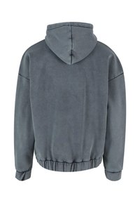 Sweat à capuche gris foncé à manches longues avec ourlet élastiqué vu de dos sur fond blanc.