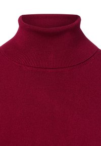 Burgundowy golf, struktura ribbed, dopasowany krój, wysoki kołnierz, miękka tkanina. Odpowiedni do noszenia w warstwach w chłodniejsze dni.