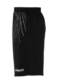 Sorte sportsshorts med elastisk talje, prydet med et hvidt vertikalt stribemønster og "uhlsport" logo i hvidt ved kanten.