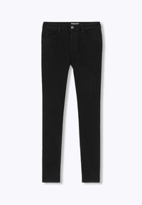 Jeans skinny noirs en denim, avec une fermeture à bouton et à glissière, cinq poches et une texture lisse sur toute la surface.