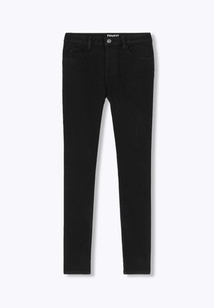Jeans skinny noirs en denim, avec une fermeture à bouton et à glissière, cinq poches et une texture lisse sur toute la surface.