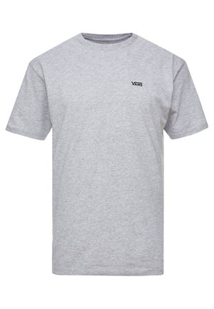 Harmaa puuvillainen lyhythihainen t-paita pyöreällä kaula-aukkolla ja pienellä mustalla "VANS"-logolla vasemmassa rintatilassa. Sileä tekstuuri, normaali istuvuus.