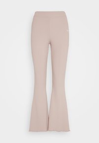 Ribbade, ljusrosa utsvängda byxor med elastisk midja. Anmärkningsvärd vågig nederkant och en liten logotyp på lårets övre del. Mjuk, stretchig tyg.