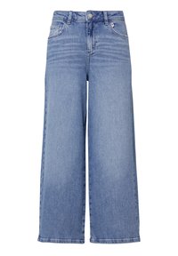 Světlé modré džíny s širokými nohavicemi a vysokým pasem, se zapínáním na přední knoflík, dvěma postranními kapsami a jemným vyblednutím.